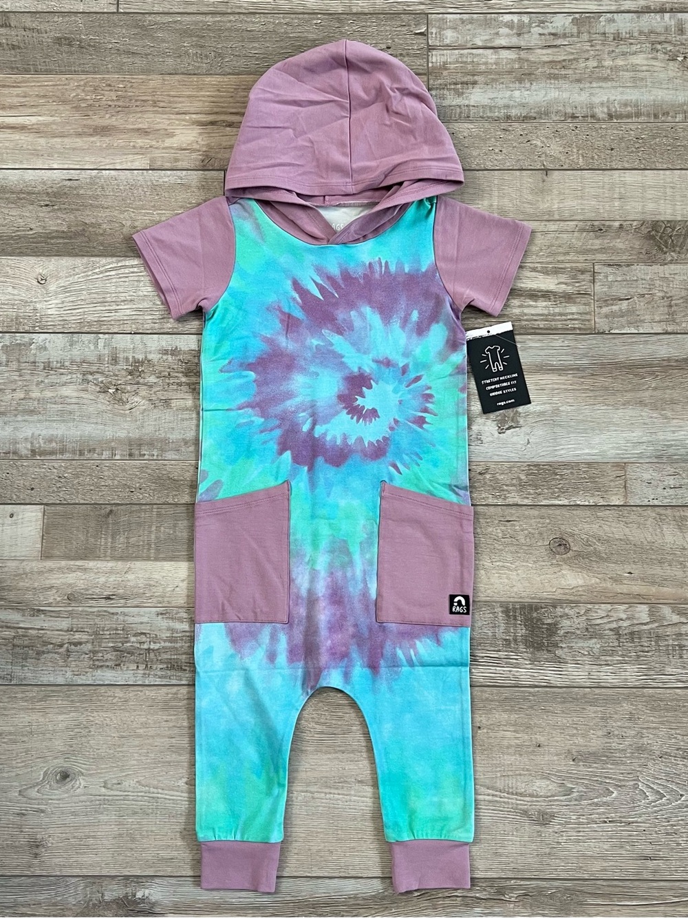 NWT Rags Hooded Hip Pocket Rag Romper in Spiral Tie Dye Size 2T